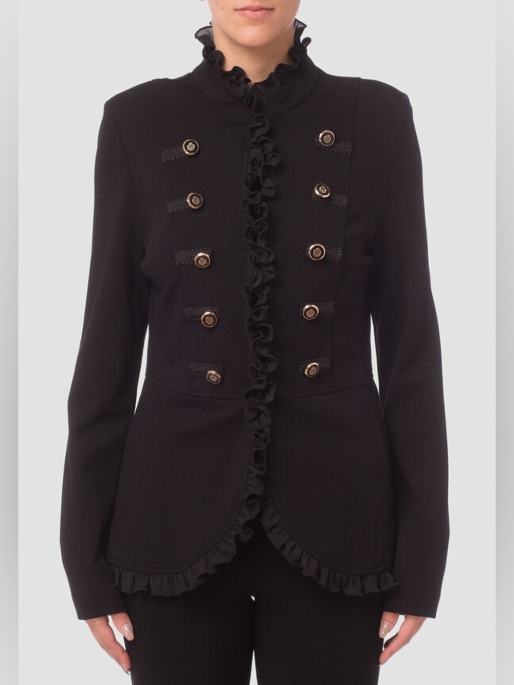 Joseph Ribkoff Black Ruffle Military-Button Bellboy Jacket Size 8 Black Ruffle